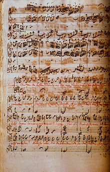 自筆総譜より#61レチタティーヴォ開始部分：聖句は赤インクで記されている。